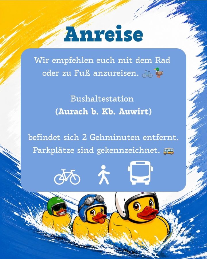 🚗Wichtiger Hinweis zur Anreise!🦆

Da die Parkplätze rund um das Entenrennen in Aurach nur begrenzt zur Verfügung stehen,